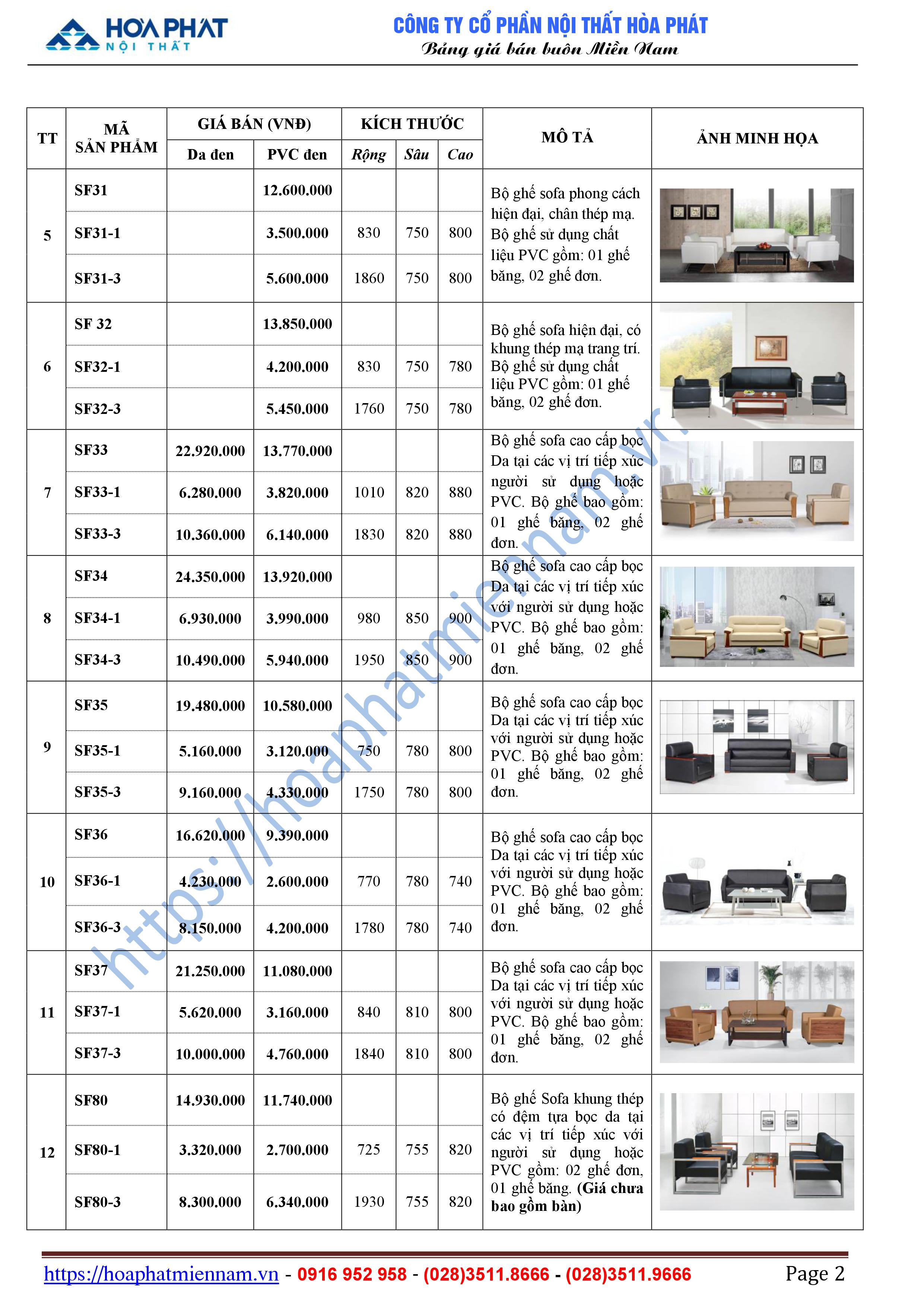 Bang bao gia sofa van phong Hoa Phat 2