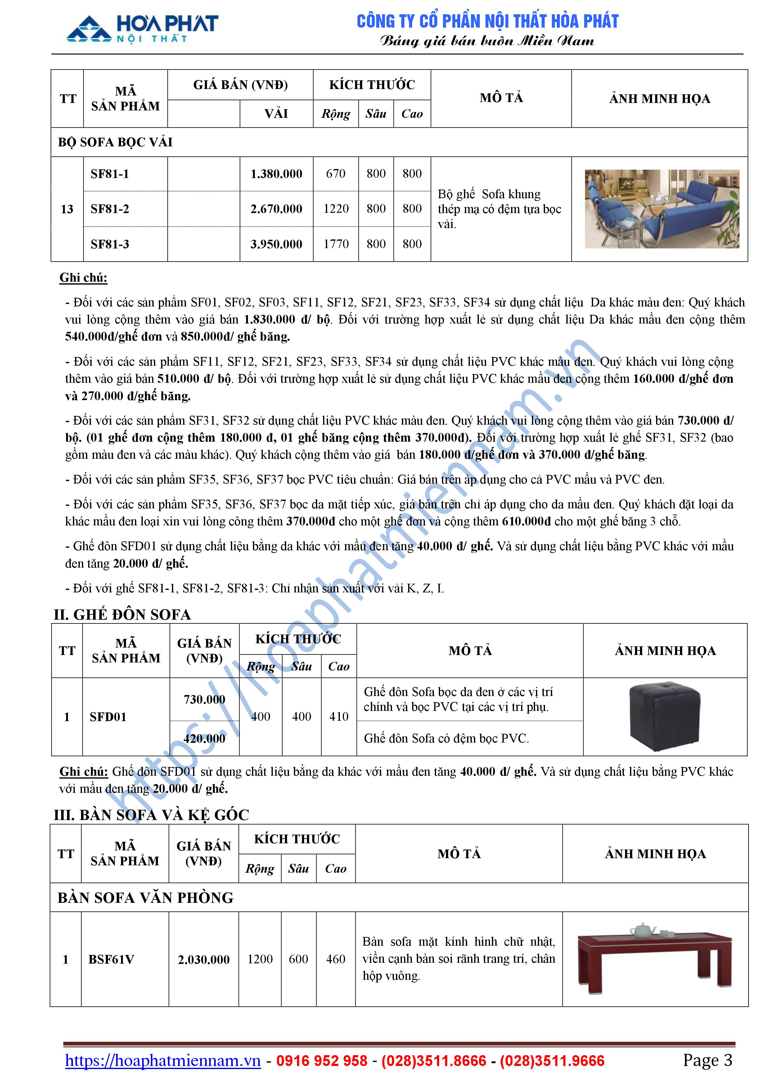 Bang bao gia sofa van phong Hoa Phat 3