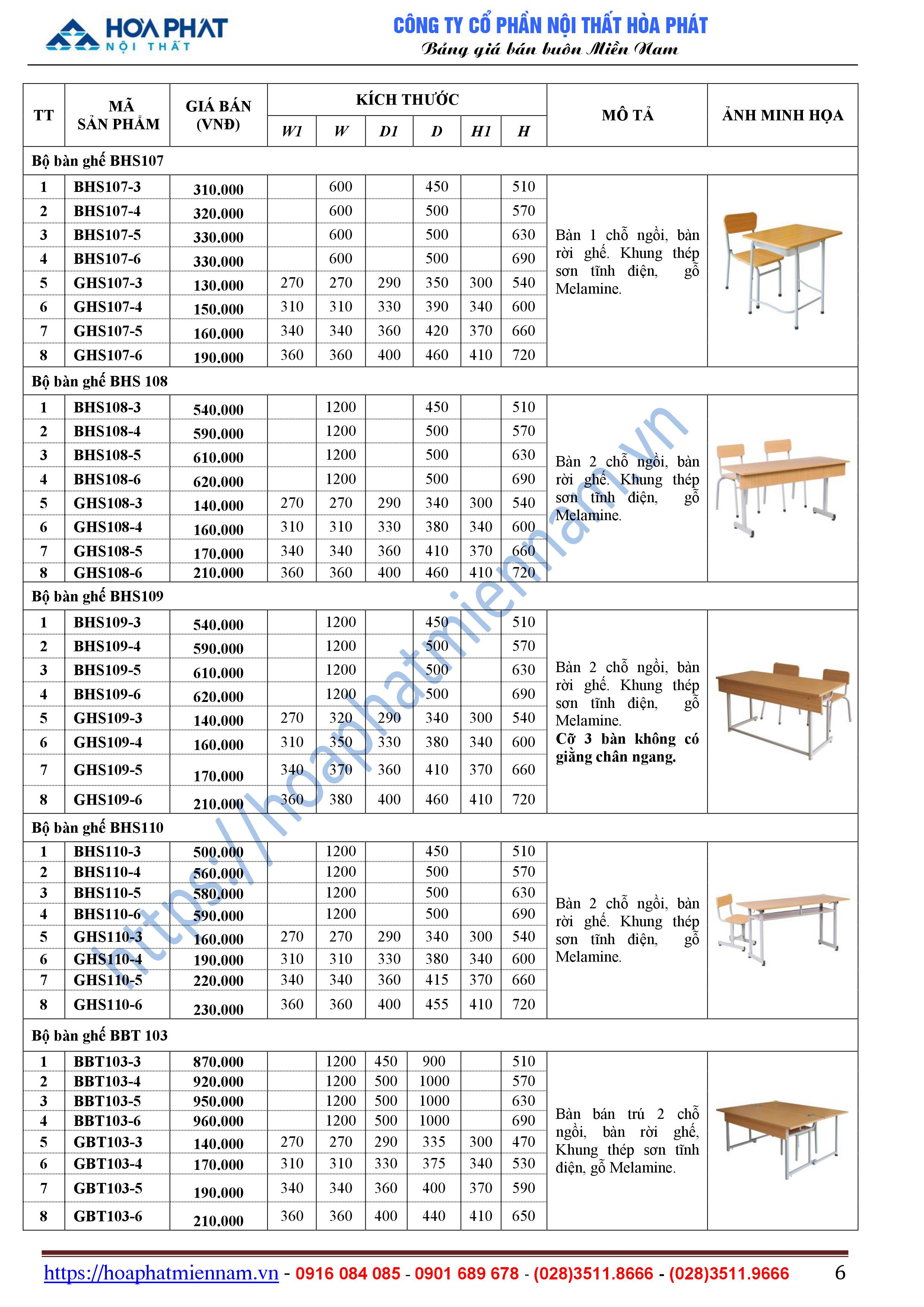 bang bao gia ban ghe hoc sinh Hoa Phat 6