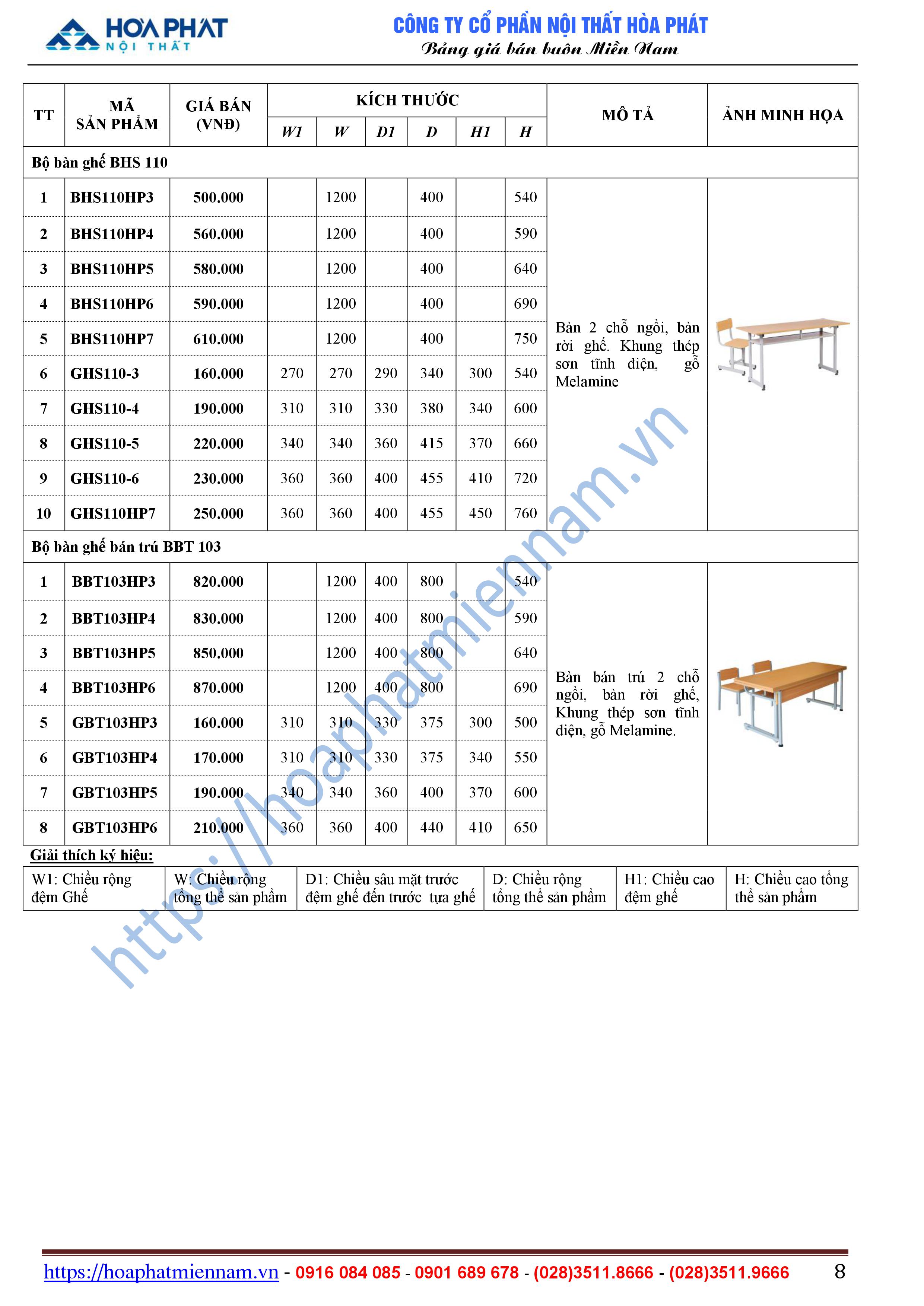 bang bao gia ban ghe hoc sinh Hoa Phat 8