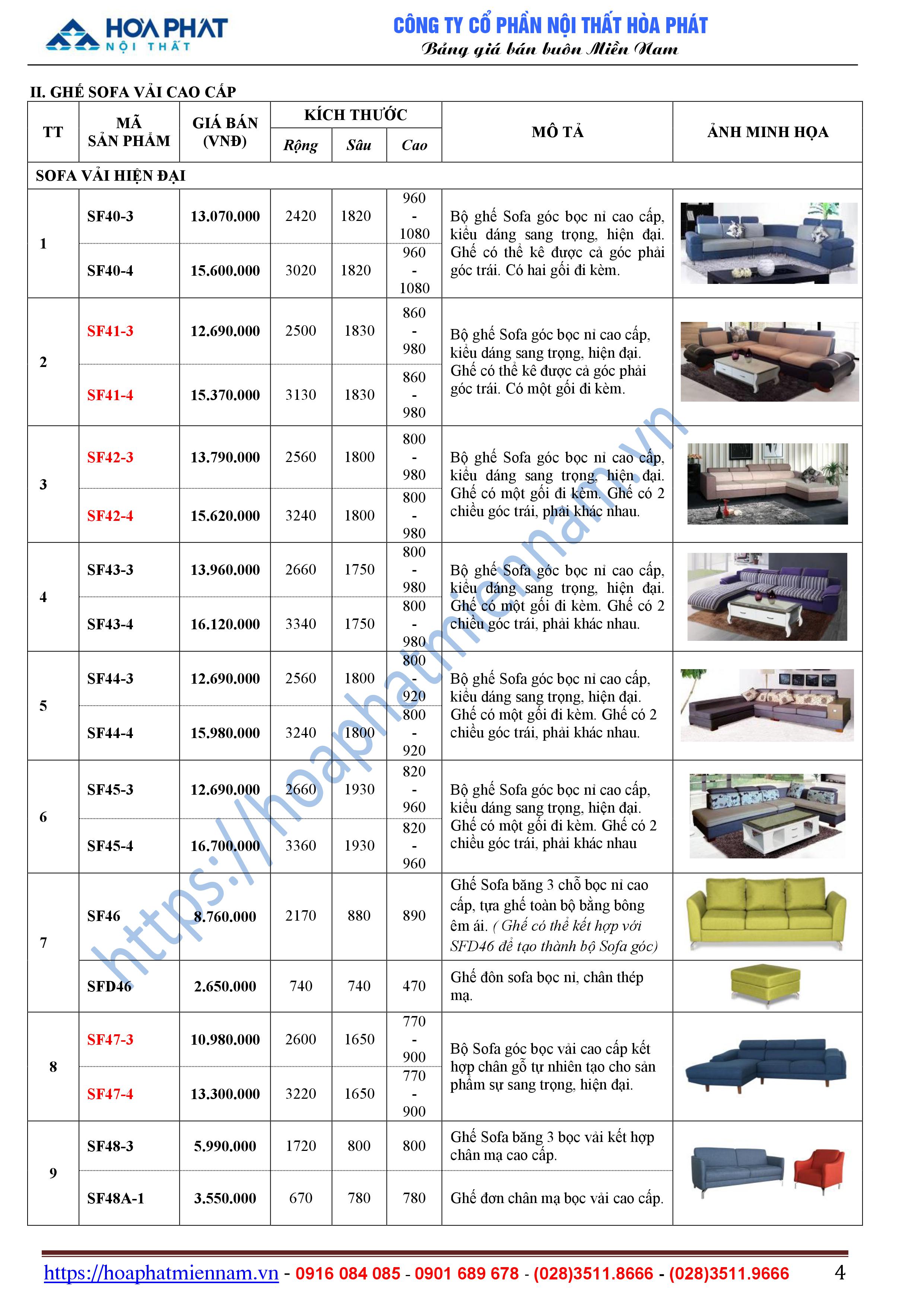 bang bao gia ban ghe phong khach Hoa Phat 4