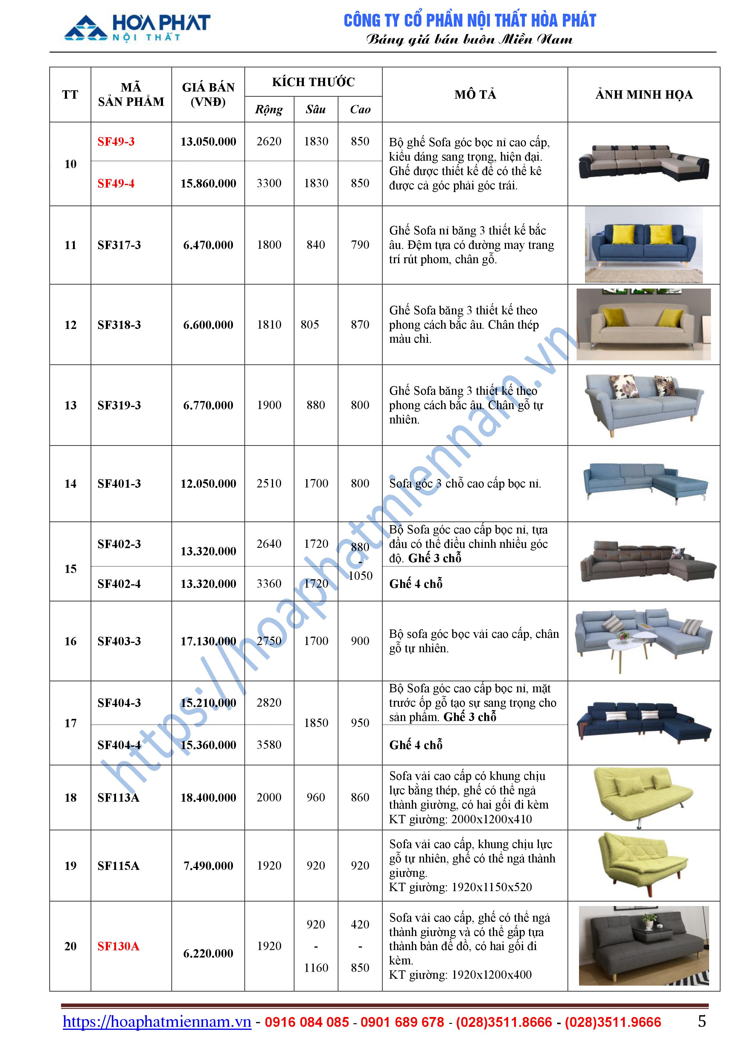 bang bao gia ban ghe phong khach Hoa Phat 5