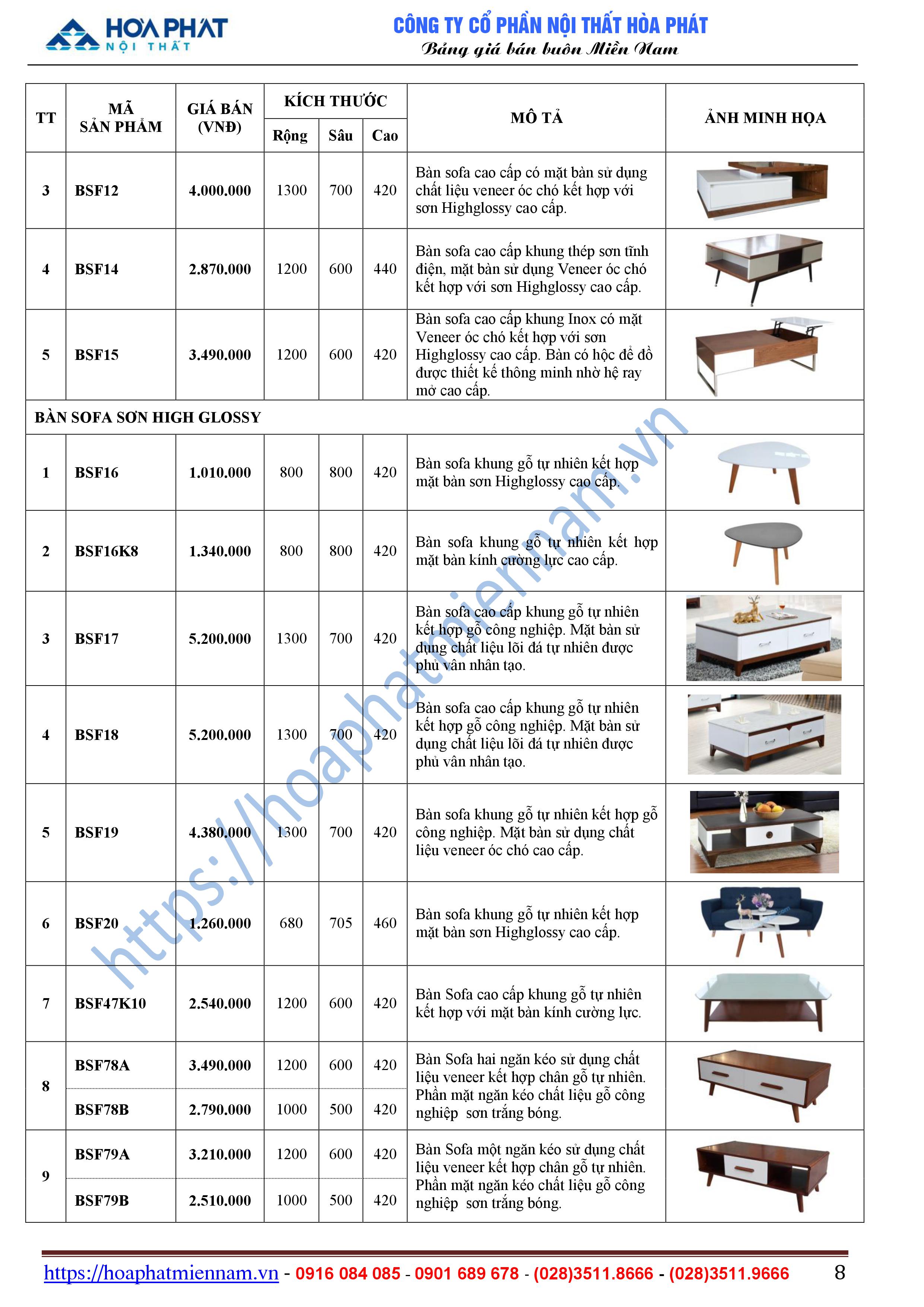 bang bao gia ban ghe phong khach Hoa Phat 8
