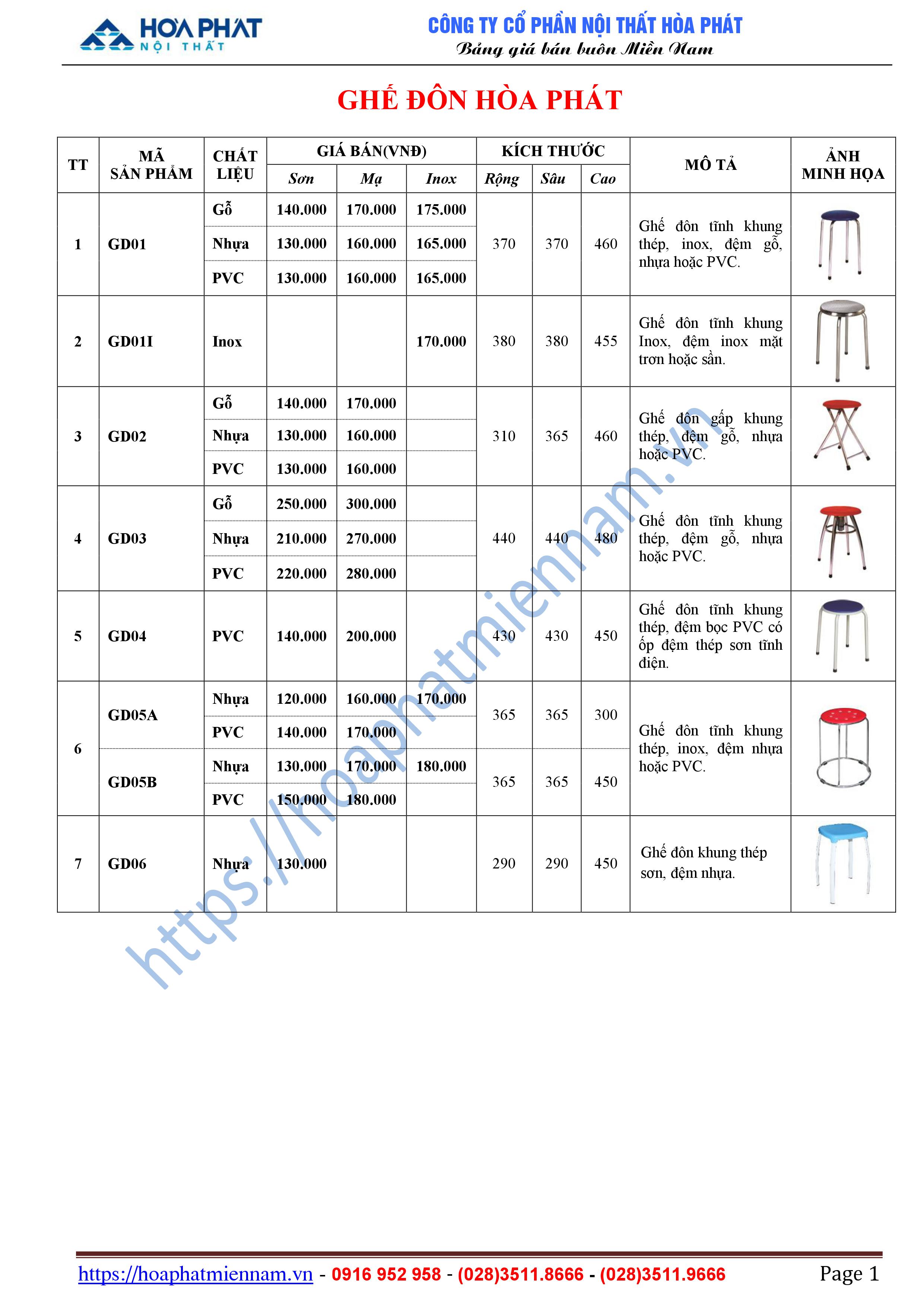 bang bao gia ghe don Hoa Phat