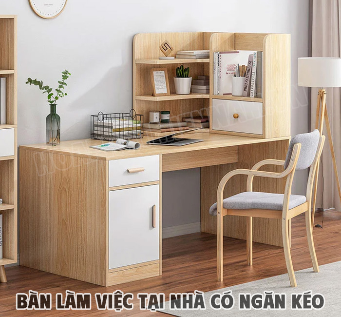 Bàn làm việc tại nhà có ngăn kéo kết hợp kệ sách