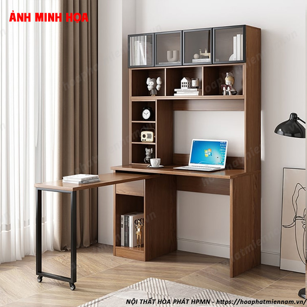 Bàn làm việc chữ L tích hợp kệ sách